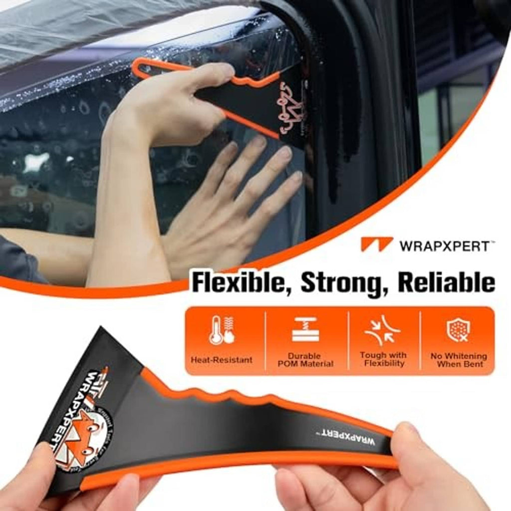 Black and orange window tint squeegee tool with flexible long handle and triangular blade