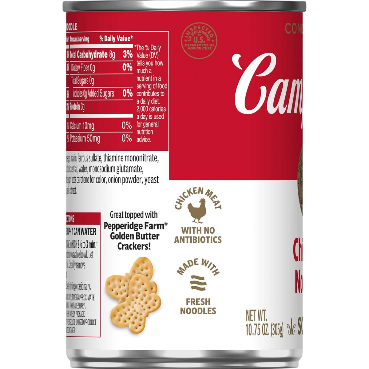 Chicken noodle soup can side label with cracker graphic and no antibiotics text