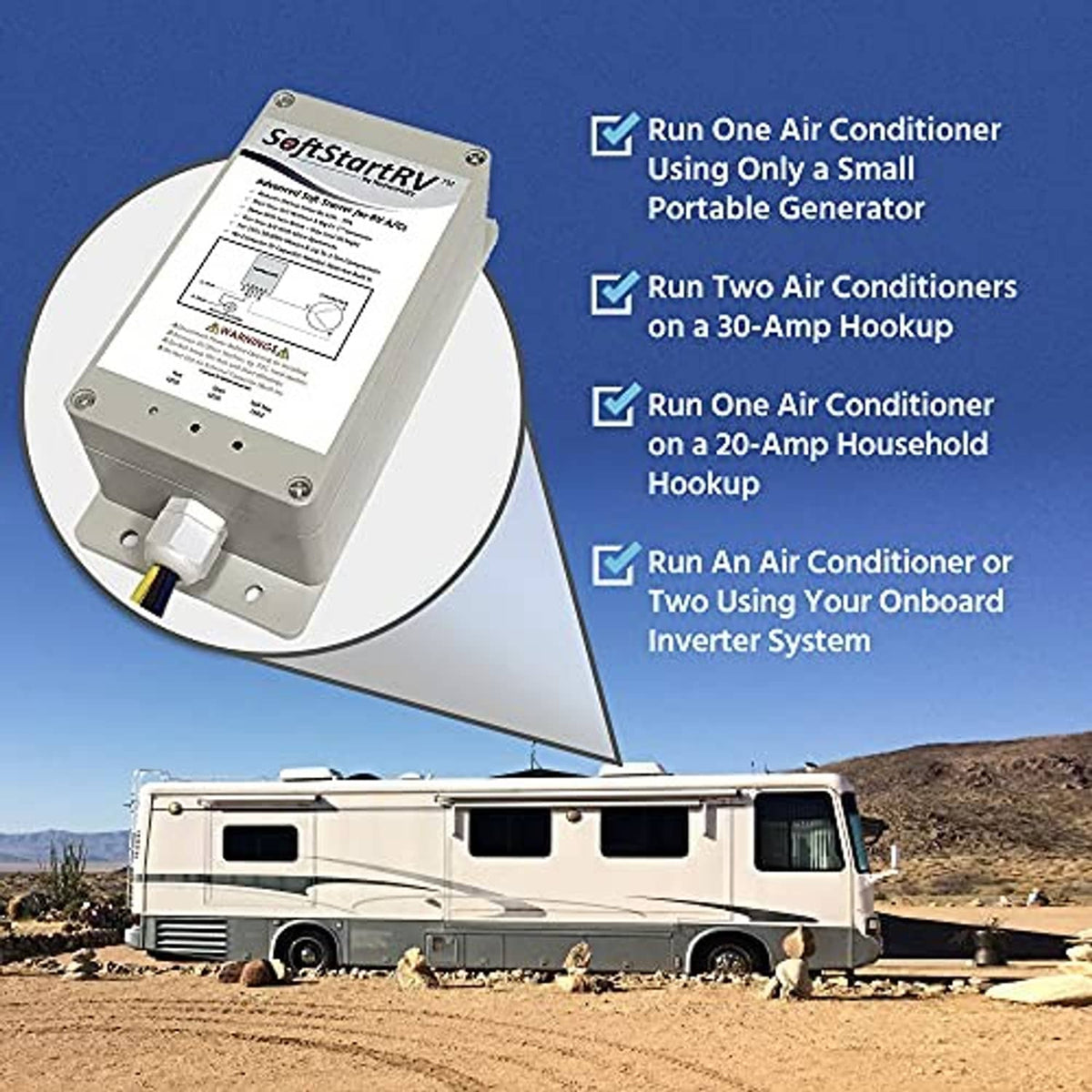 SoftStartRV RV air conditioner soft start unit shown with connected vehicle setup
