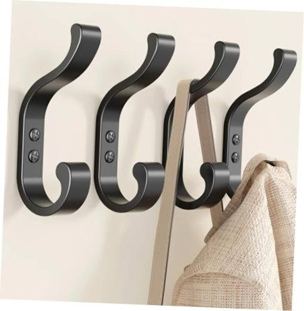 Set of 4 matte black wall coat hooks with curved double prongs for hanging