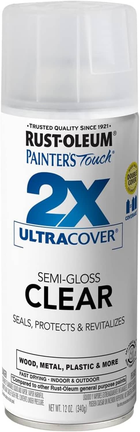Semi-gloss clear Rust-Oleum 2X UltraCover spray paint can, white cap