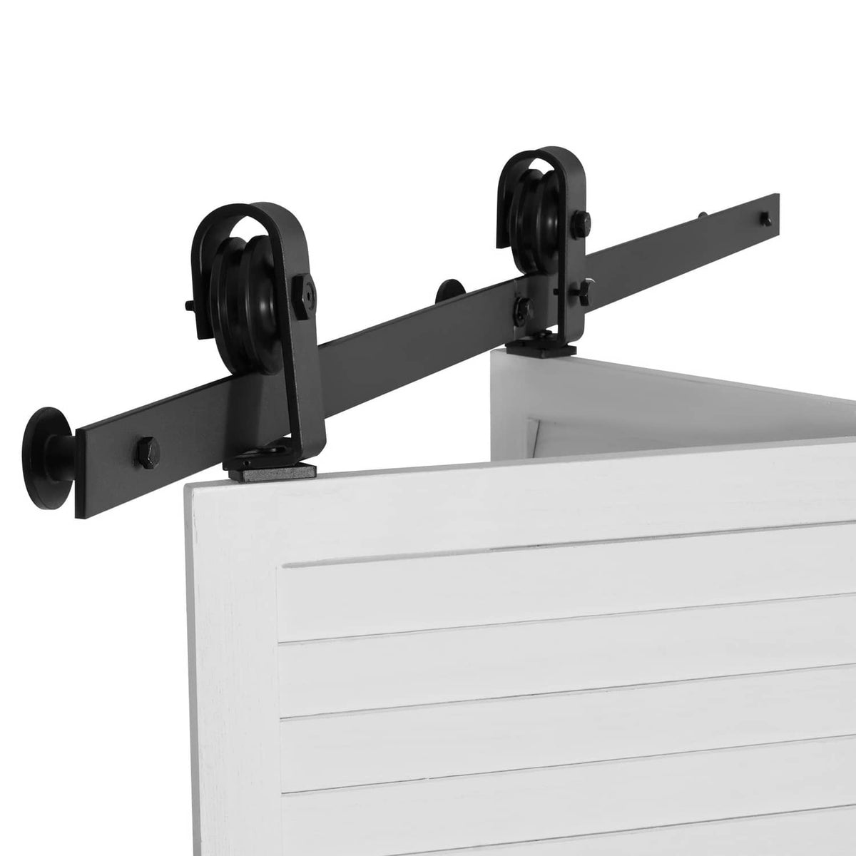 Sliding barn door hardware track kit with two black rollers and mounting brackets