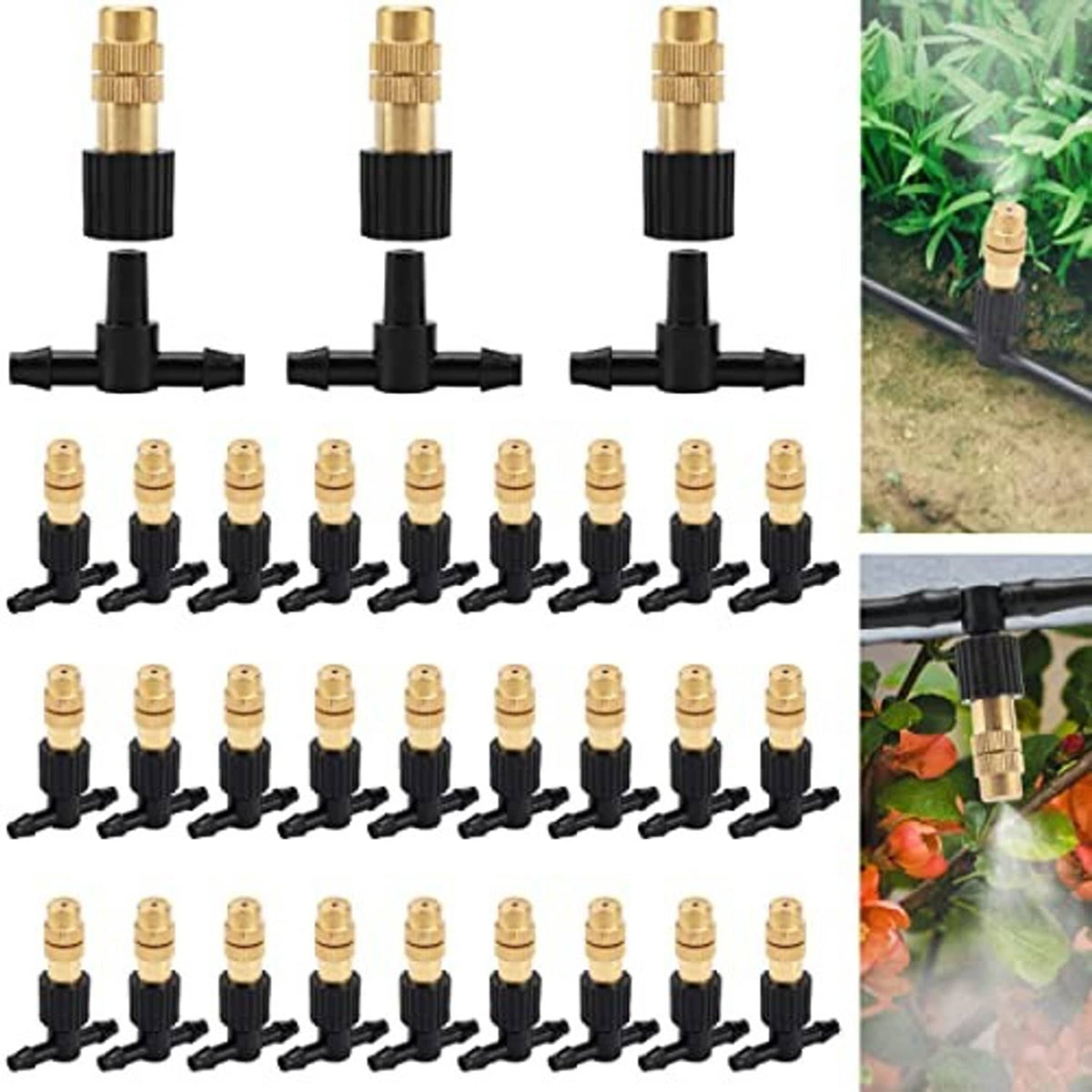 Three-way atomizing sprinkler nozzles set, brass heads with black tee-style connectors