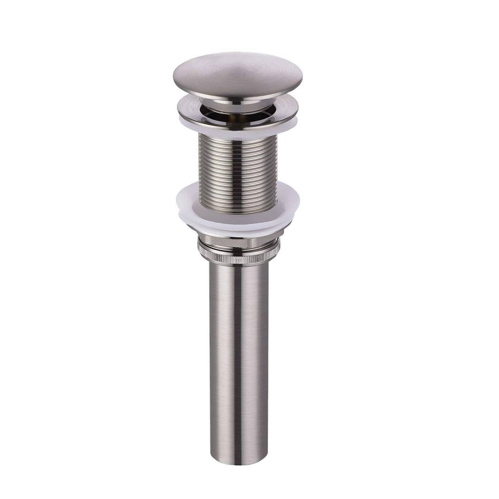 Brushed nickel pop-up bathroom sink drain with circular stopper and tall metal stem