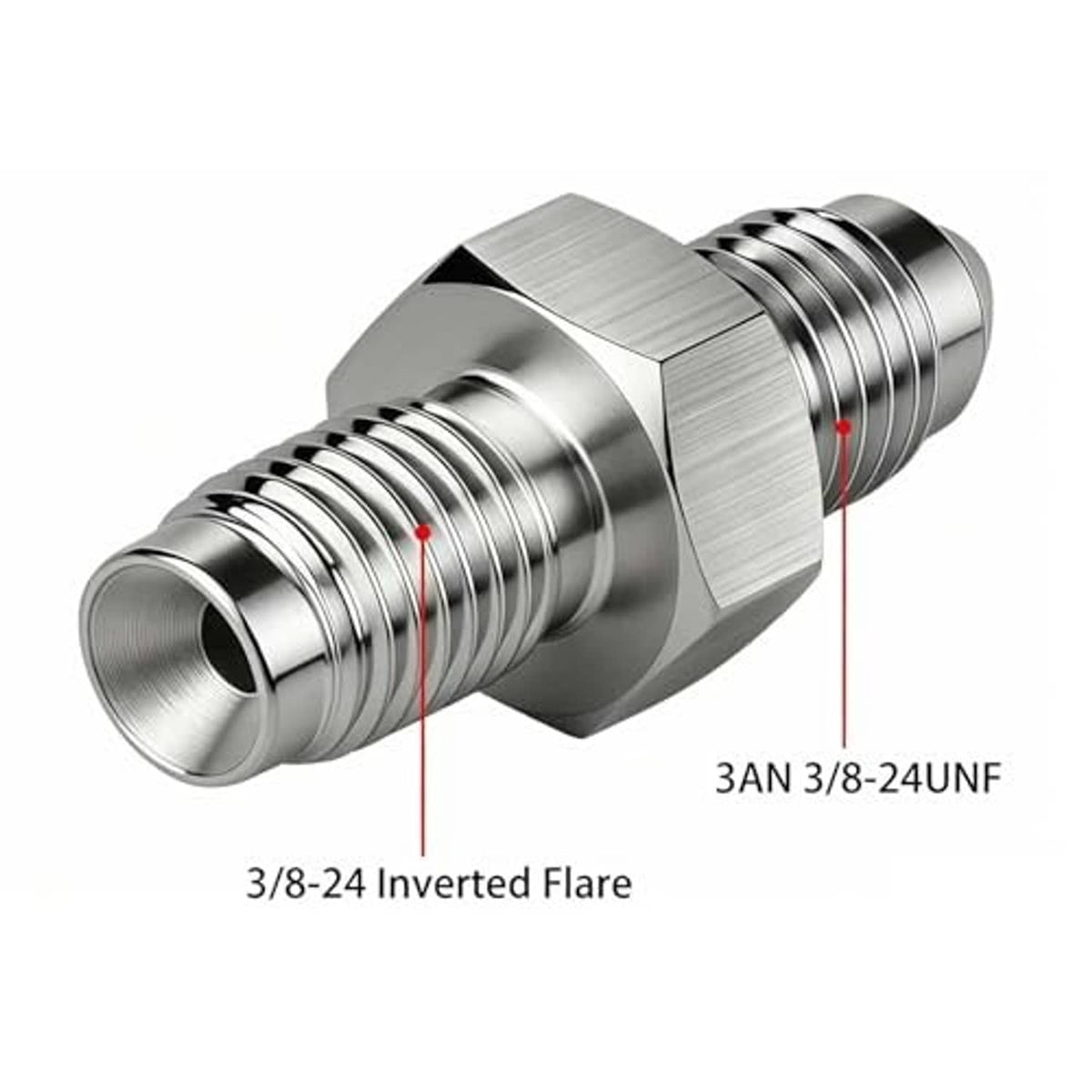 3/8-24 inverted flare male fitting with hex body and ribbed threaded ends, stainless