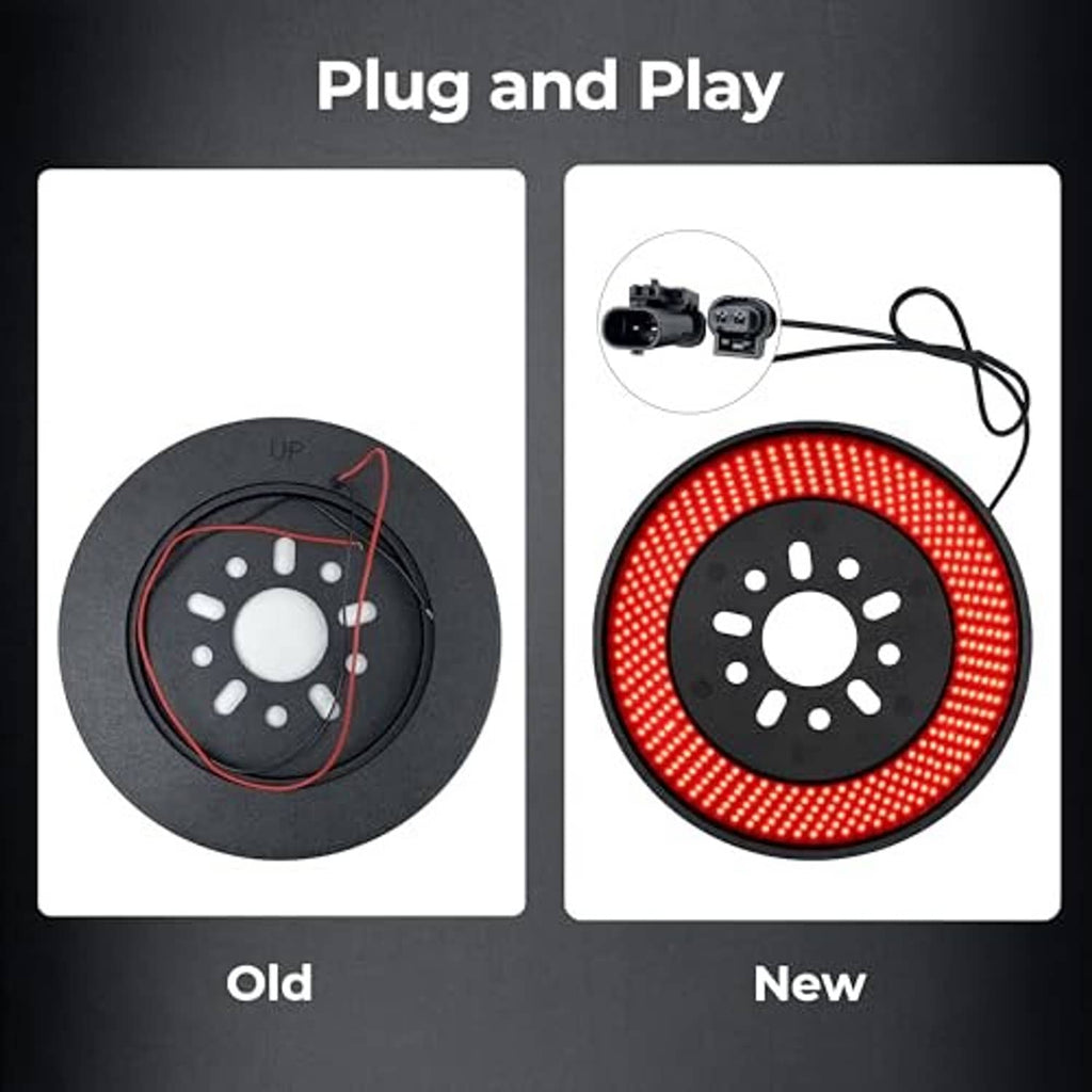 Plug-and-play red LED spare-tire brake light with black disk and connection cable.
