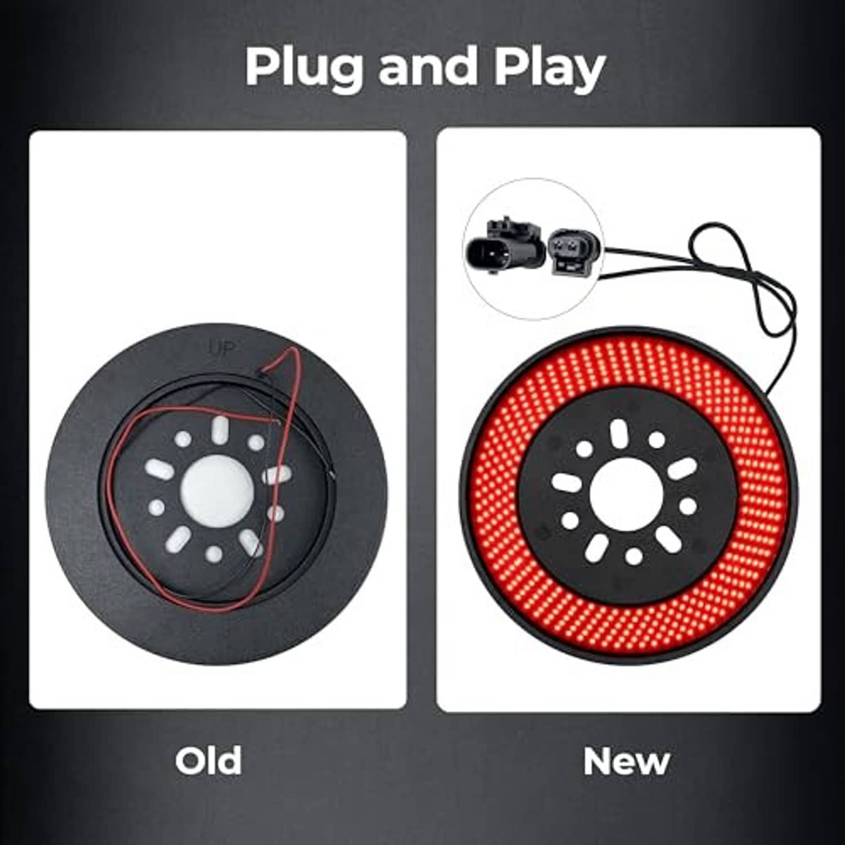 Plug-and-play red LED spare-tire brake light with black disk and connection cable.