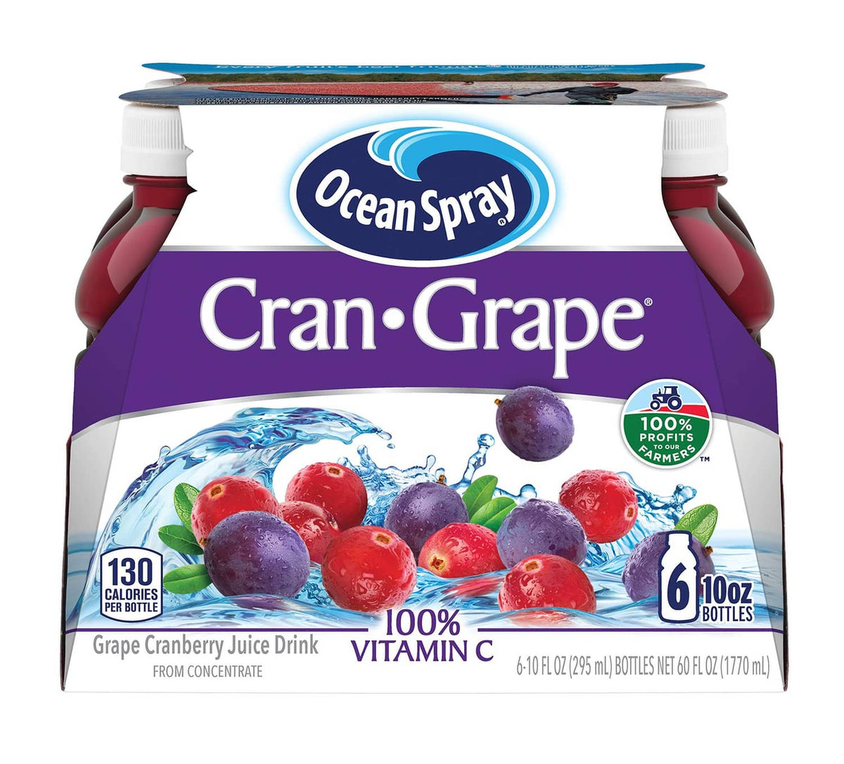 Ocean Spray Cran-Grape 6-pack juice drink carton, front view with grape and berry graphics