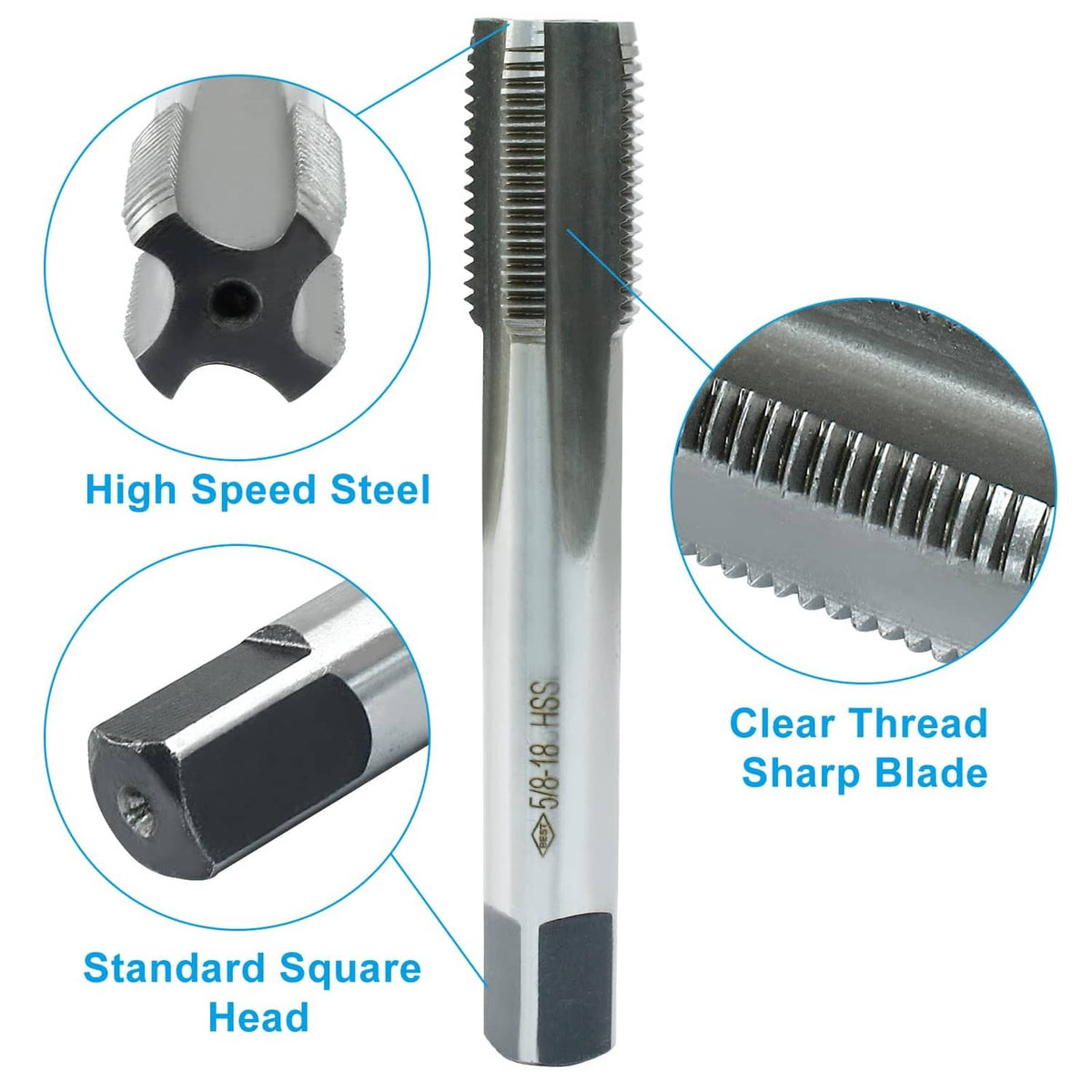 HSS tap tool with standard square head and sharp cutting threads