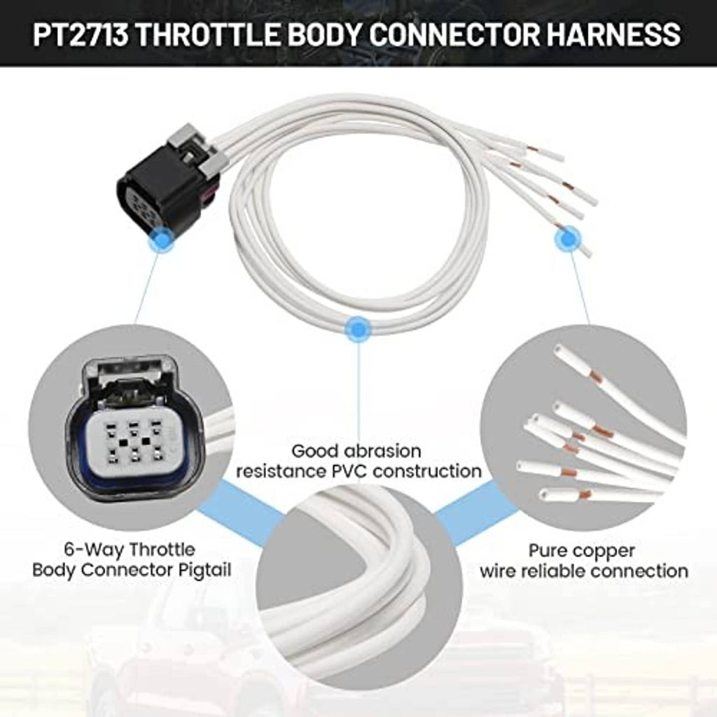 Throttle body connector pigtail harness PT2713 with black 6-way plug and white copper wires