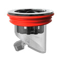 Red shower floor drain with chrome rim, black valve, side outlet, and hinge lever