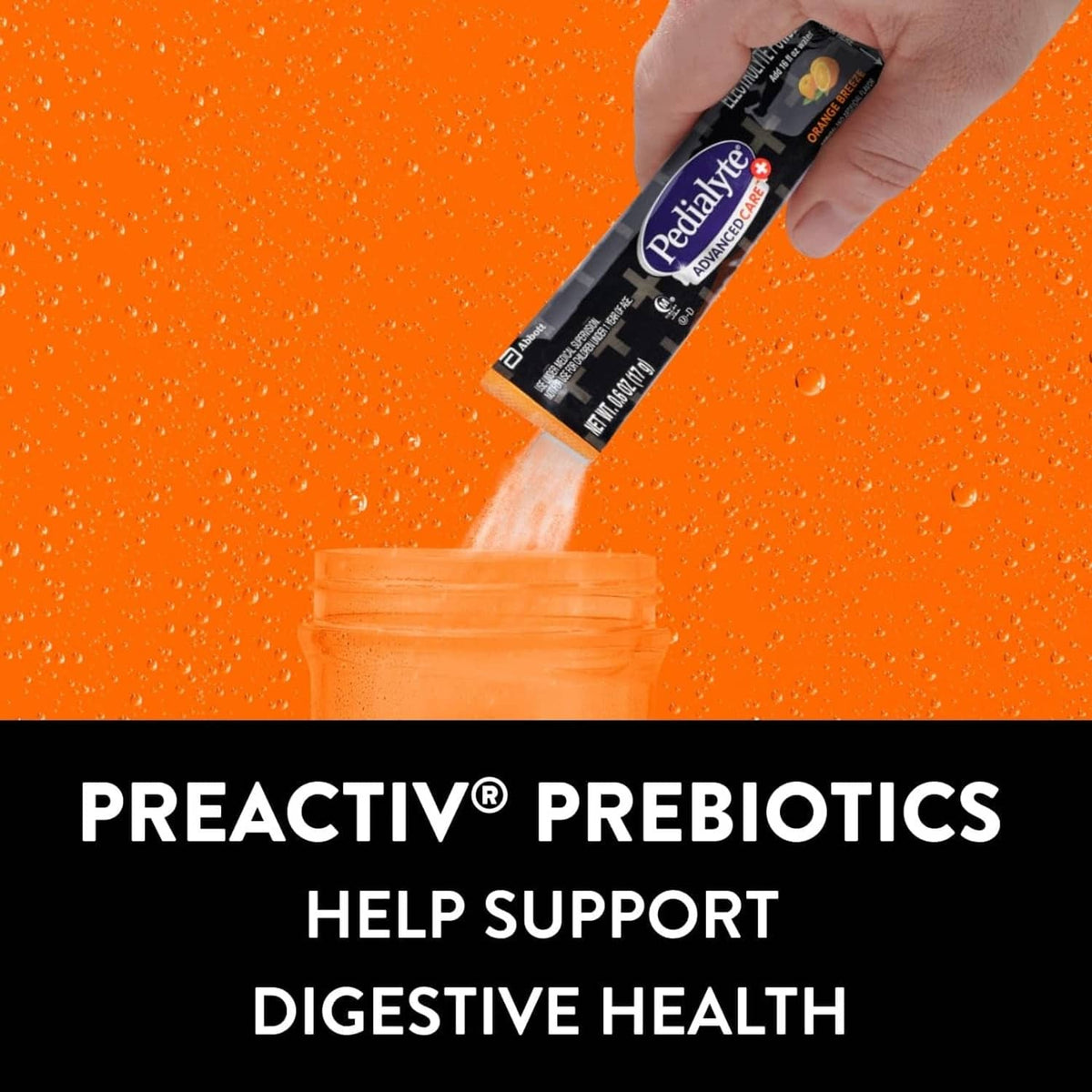 Pedialyte AdvancedCare electrolyte powder packet pouring into drink cup