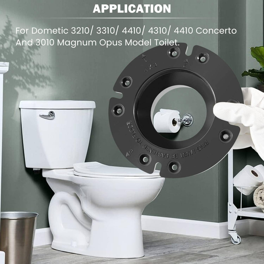 RV toilet floor flange ring adapter installed around the toilet base opening