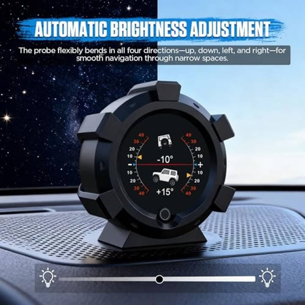 Black circular GPS speedometer HUD inclinometer with -10° and +15° angle display on stand