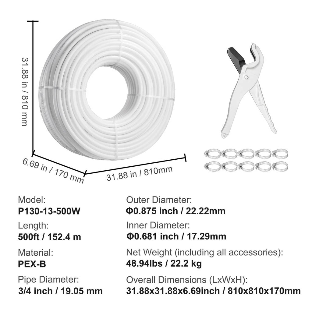White PEX-B pipe tubing coil with included pipe cutter and 10 clamp rings