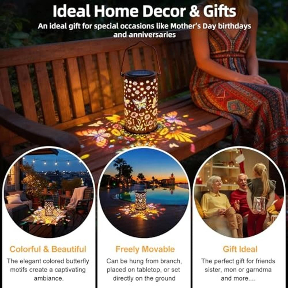 Solar lantern with butterfly cutout design on a tabletop, warm glow
