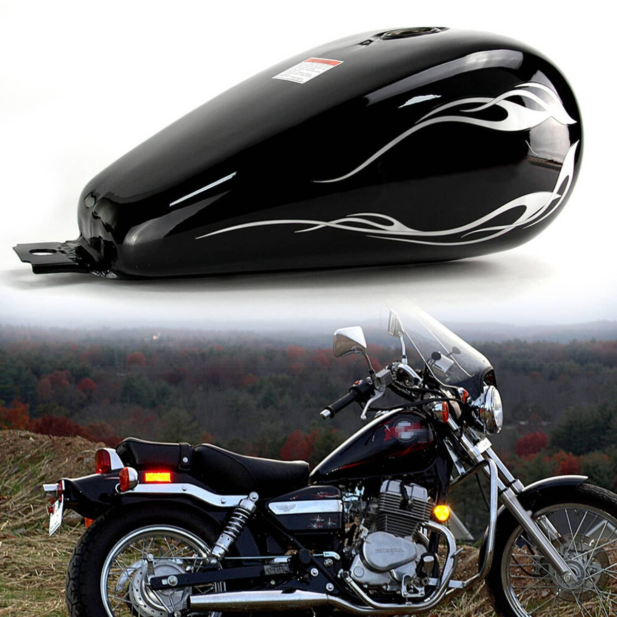 Black motorcycle fuel tank with silver flame graphics and fuel cap opening