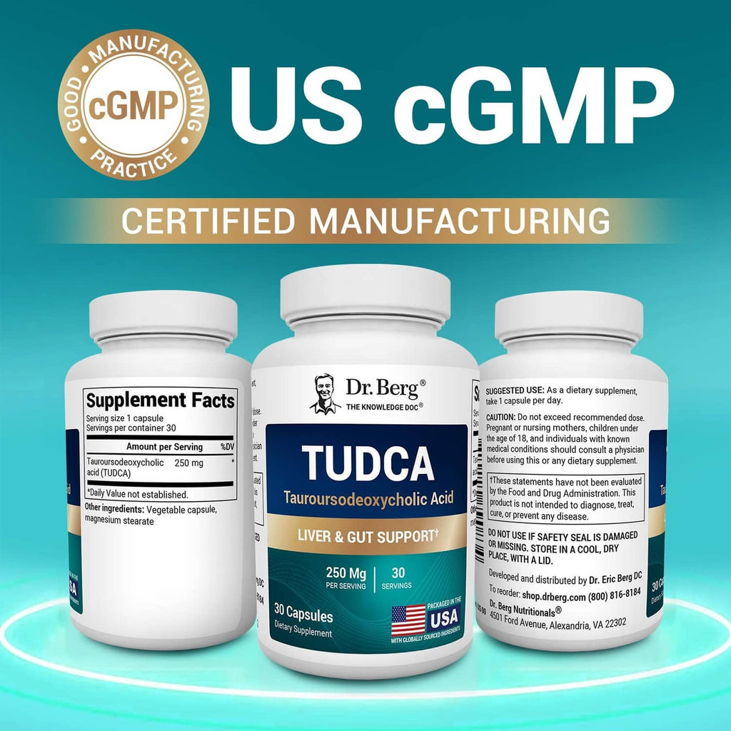 Dr. Berg TUDCA supplement bottle and Supplement Facts label, 30 capsules