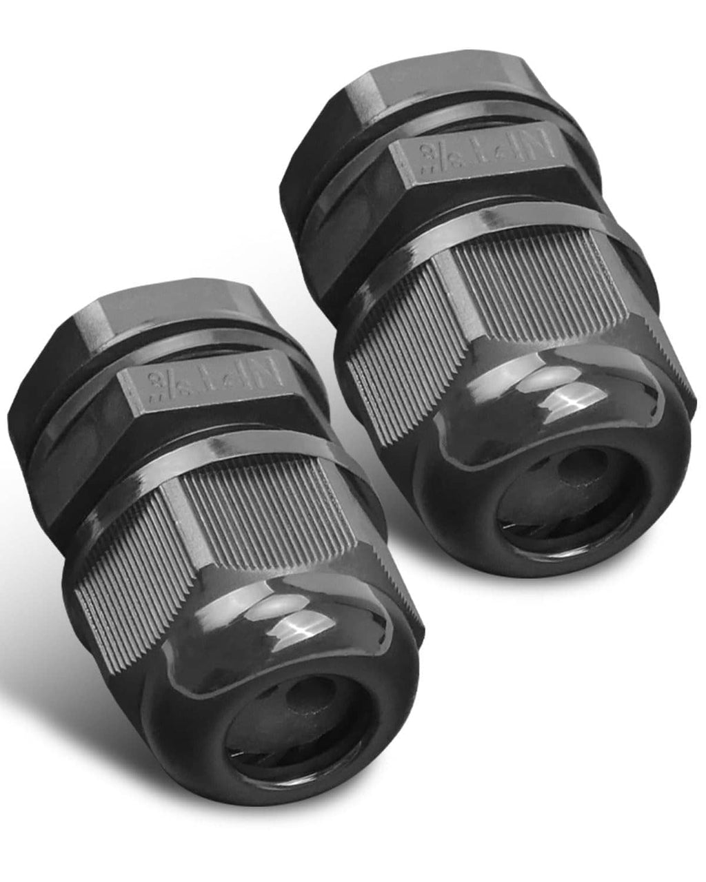 Black bulkhead electrical fitting connector with ribbed grip and wire entry opening