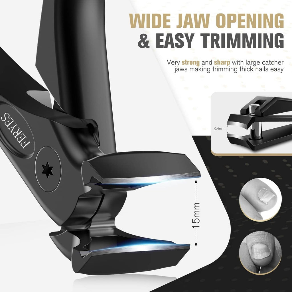 Black nail clippers with wide jaw opening for easy trimming