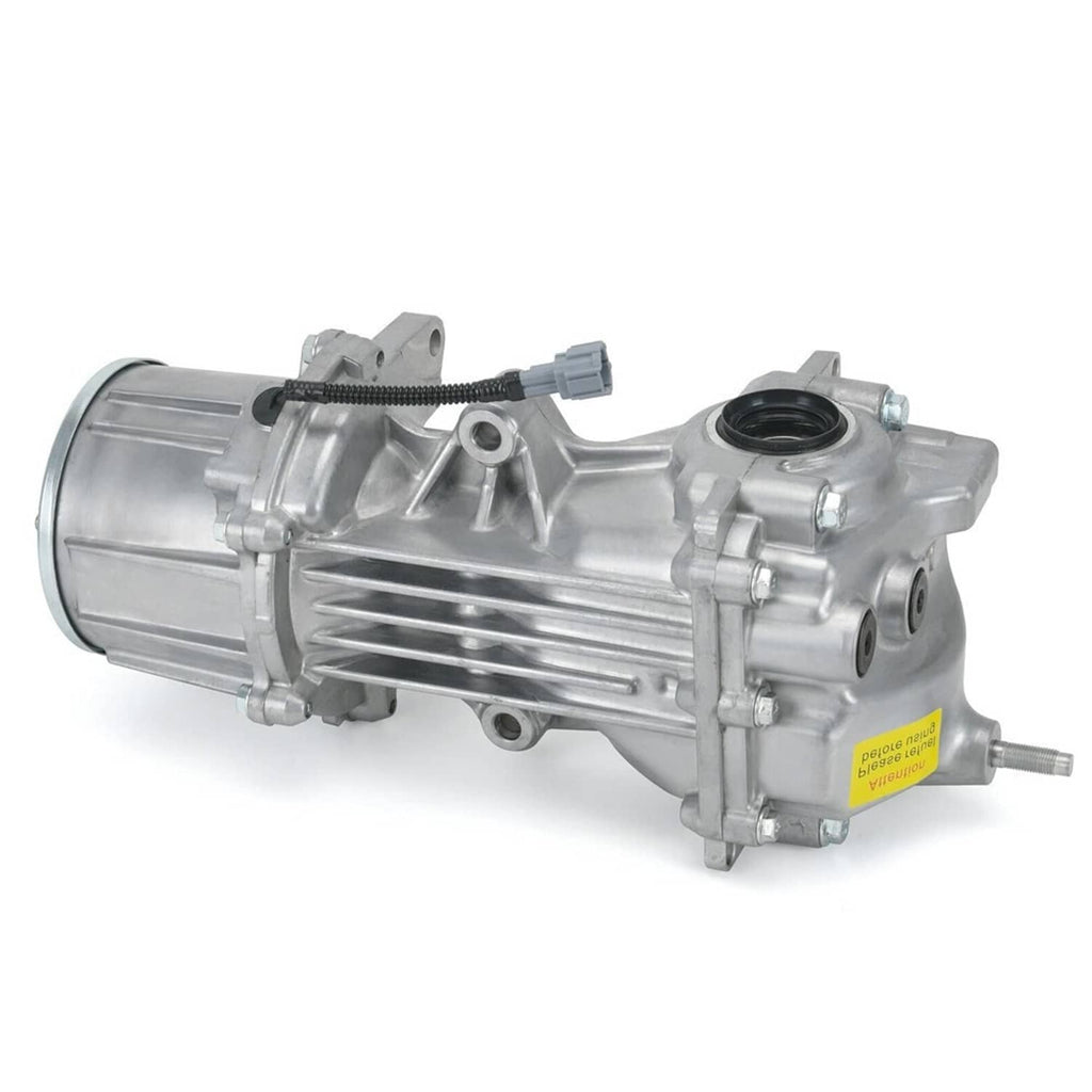 Rear differential carrier assembly, silver metal housing with black sensor connection and yellow label