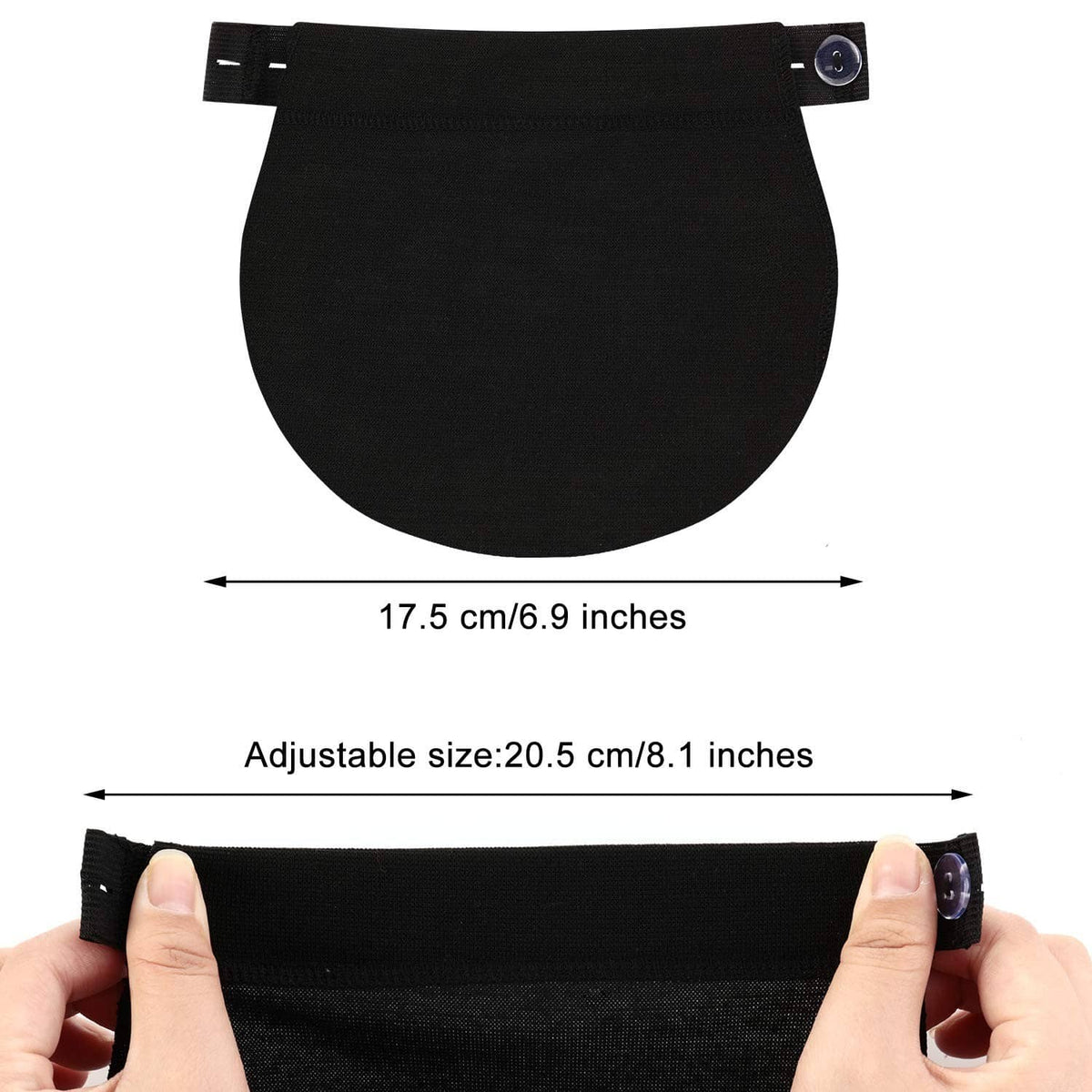 Black maternity waist extender panel with adjustable strap and snap button hardware