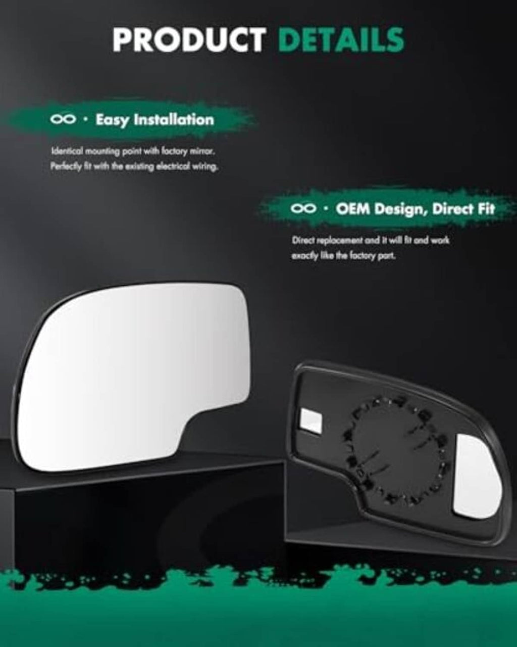 Driver side mirror glass panel with OEM-style direct-fit backing plate illustration.