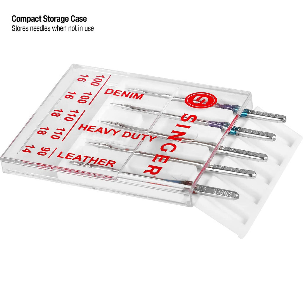 Singer universal heavy duty sewing needle 5-count in a clear compact storage case