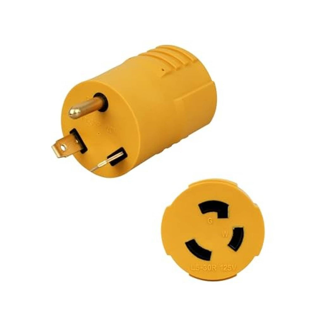 Yellow RV power adapter showing locking female connector face with three curved slots.