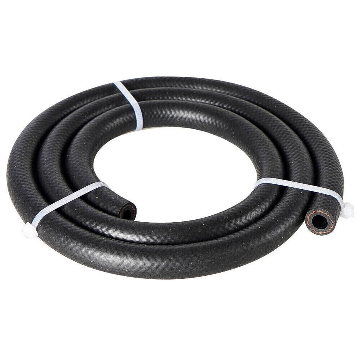Coiled black rubber oil cooler hose with two hose ends and clamp points
