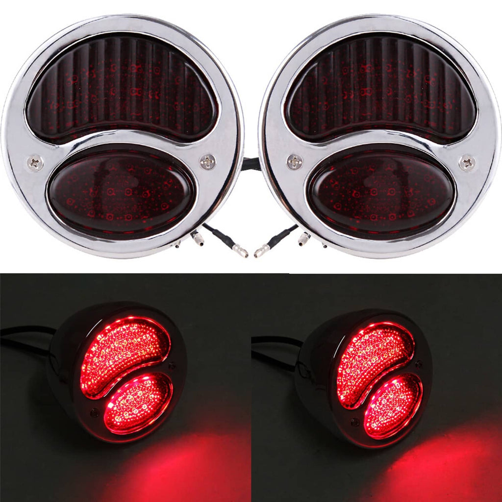 Pair of chrome LED tail lights with dark red lenses, side view, unlit