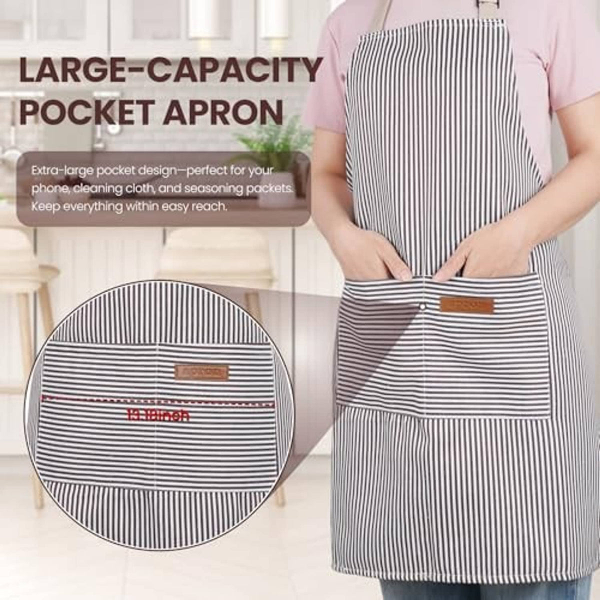 Pinstripe bib apron with large front pocket panel and waist tie, light striped color