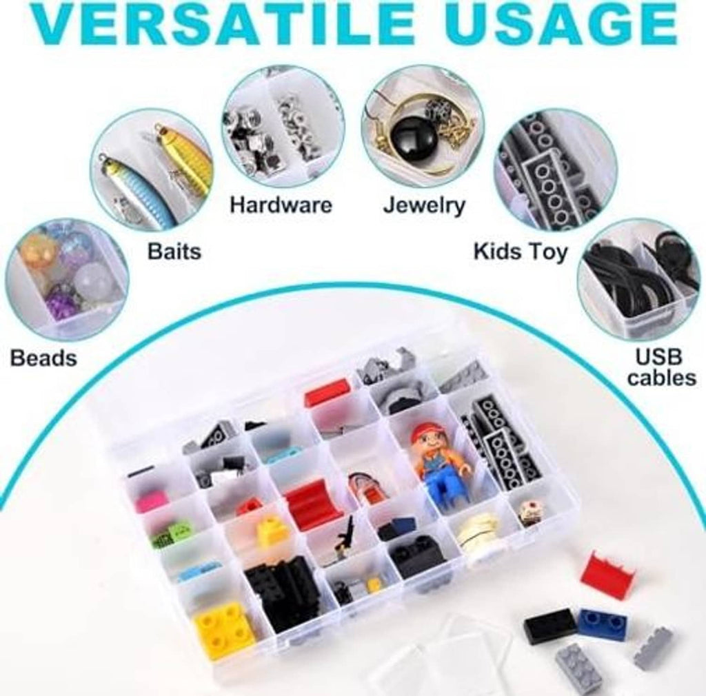 Transparent plastic compartment organizer box for small jewelry, beads, and hardware.
