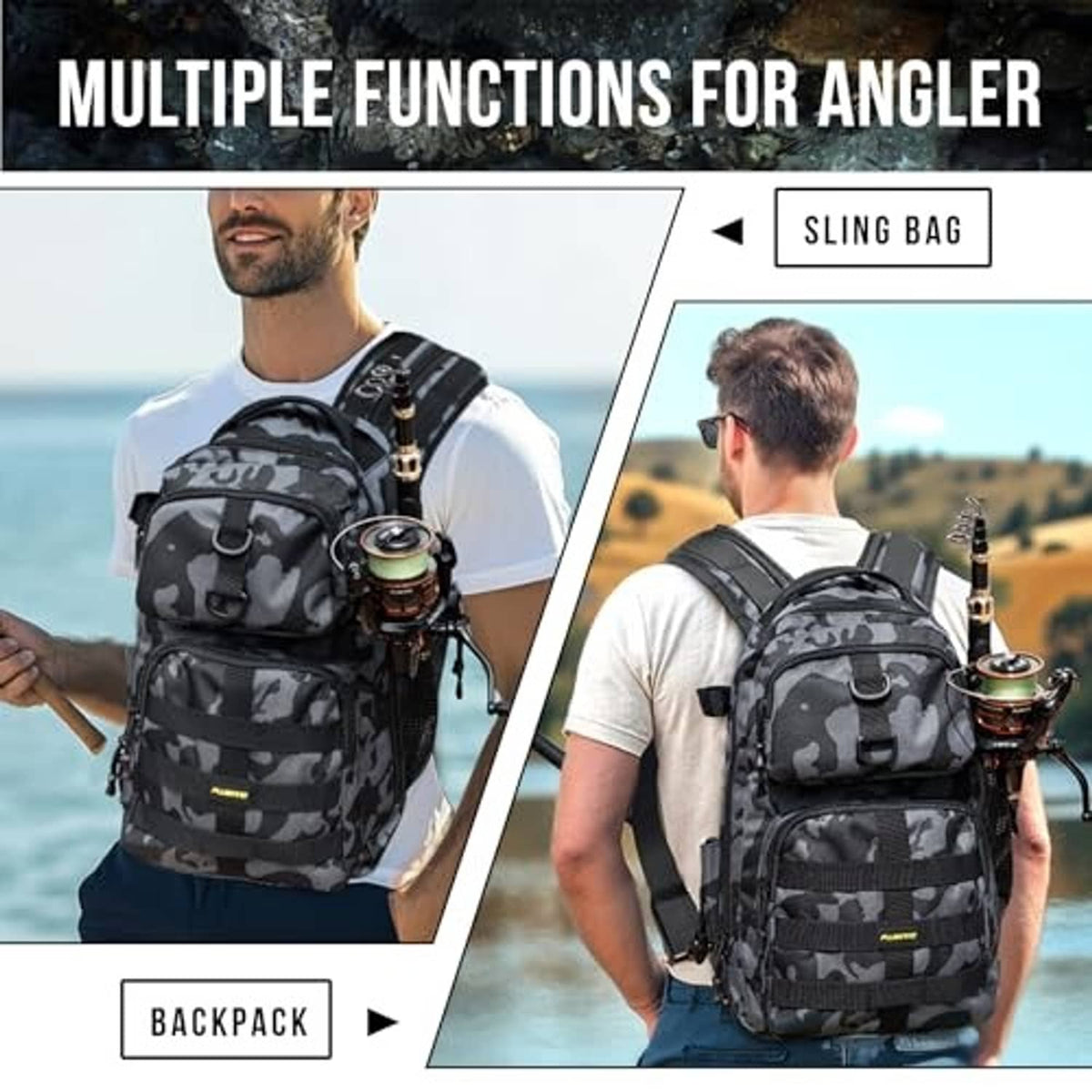 Camouflage black fishing backpack with rod holder, shown on model from front and back