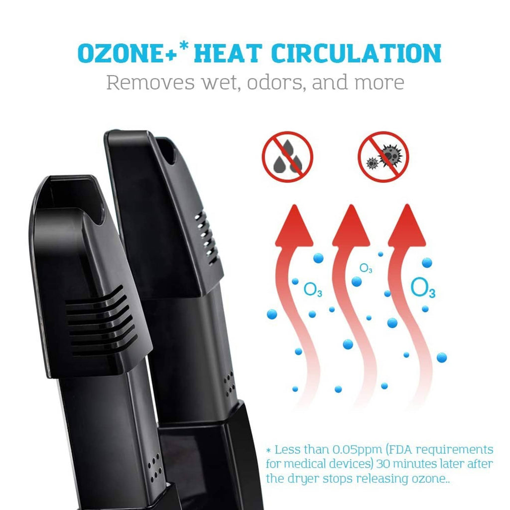Black-and-gray shoe ozone dryer with vents and circulation heat arrows