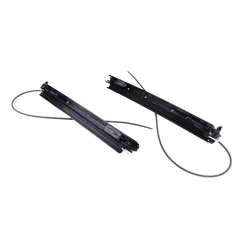 Sunroof sliding track set with two black rails and attached flexible cables
