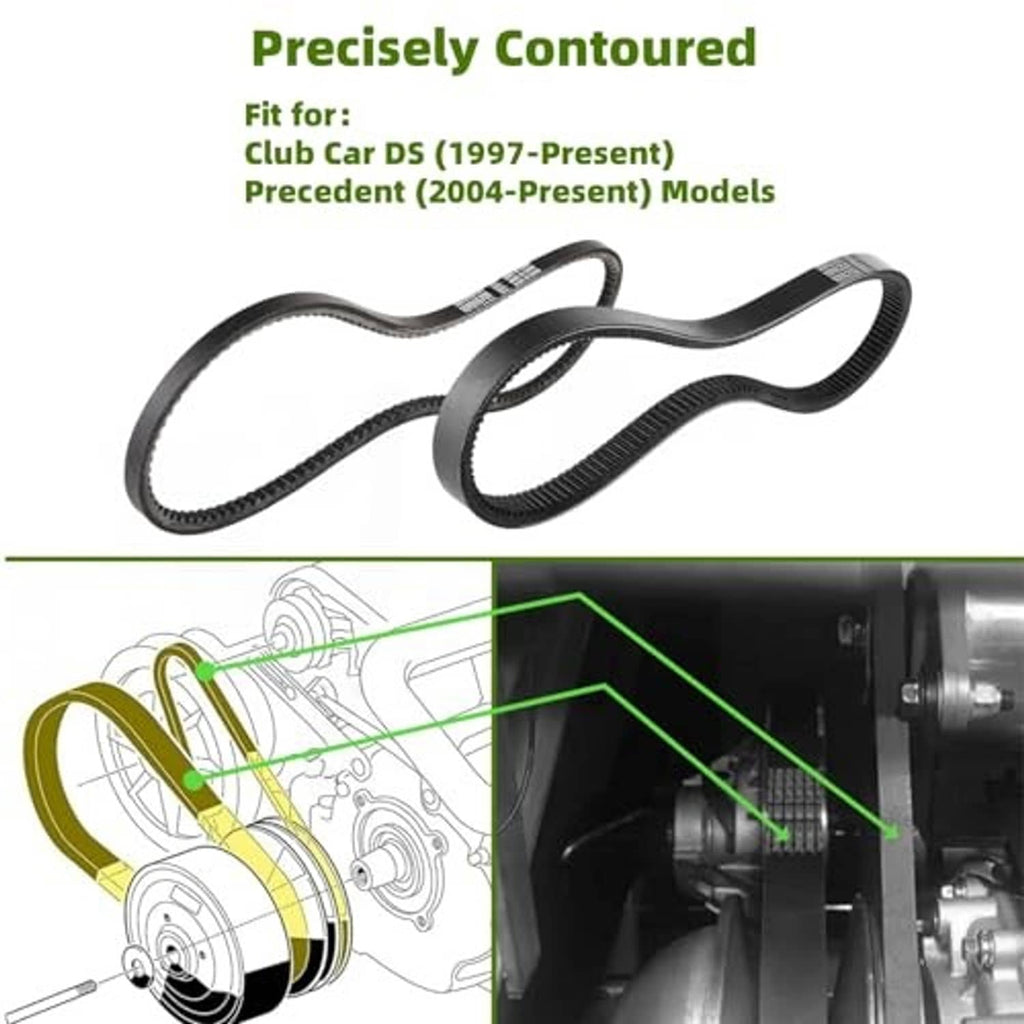Black V-ribbed drive and starter/generator belts set with printed markings