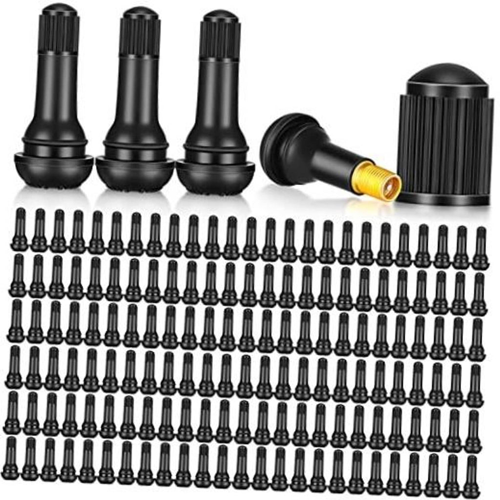 Black snap-in tubeless valve stems with gold core, bulk set of 150