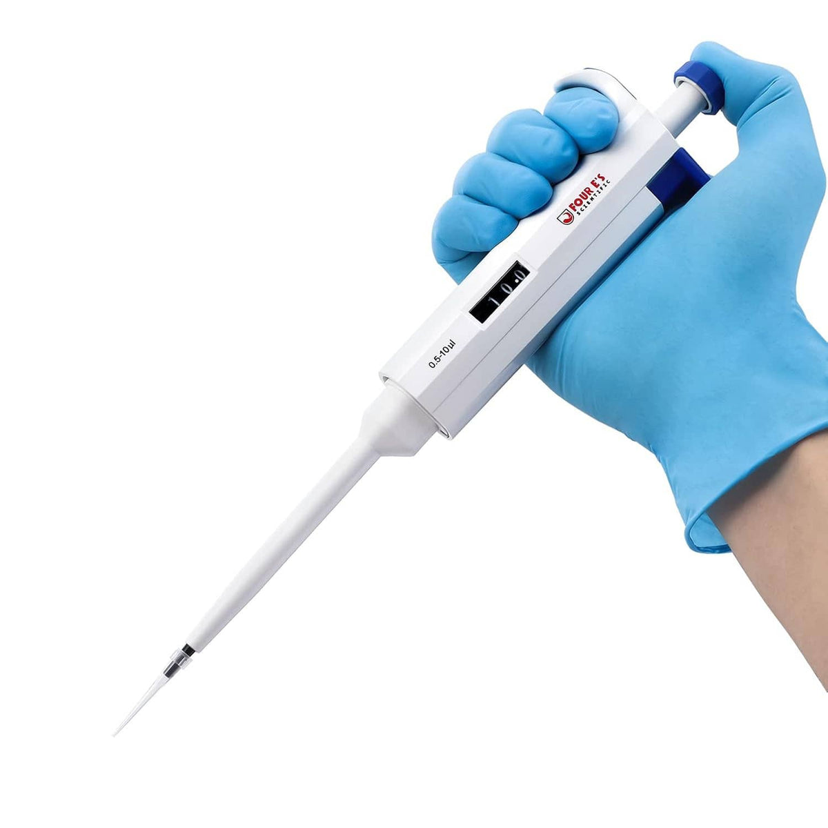 Single-channel adjustable micropipette with white body and narrow disposable tip