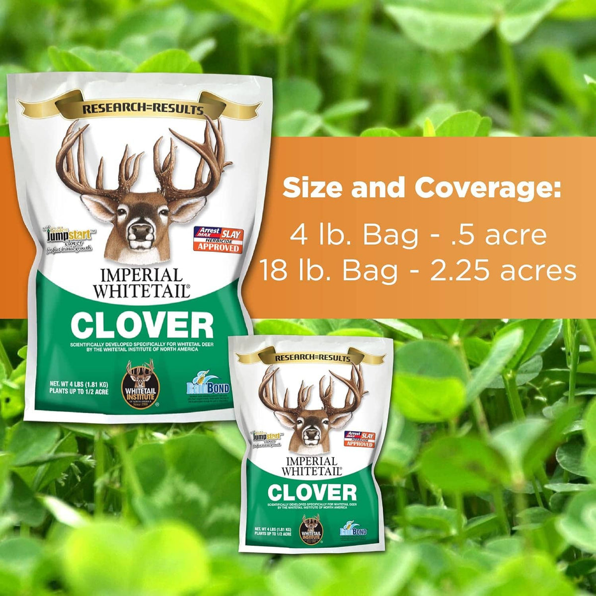 Imperial clover seed bags, white and green packaging with deer antler graphics