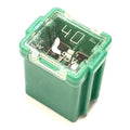 Green mini J-case fuse with transparent cover and metal terminals