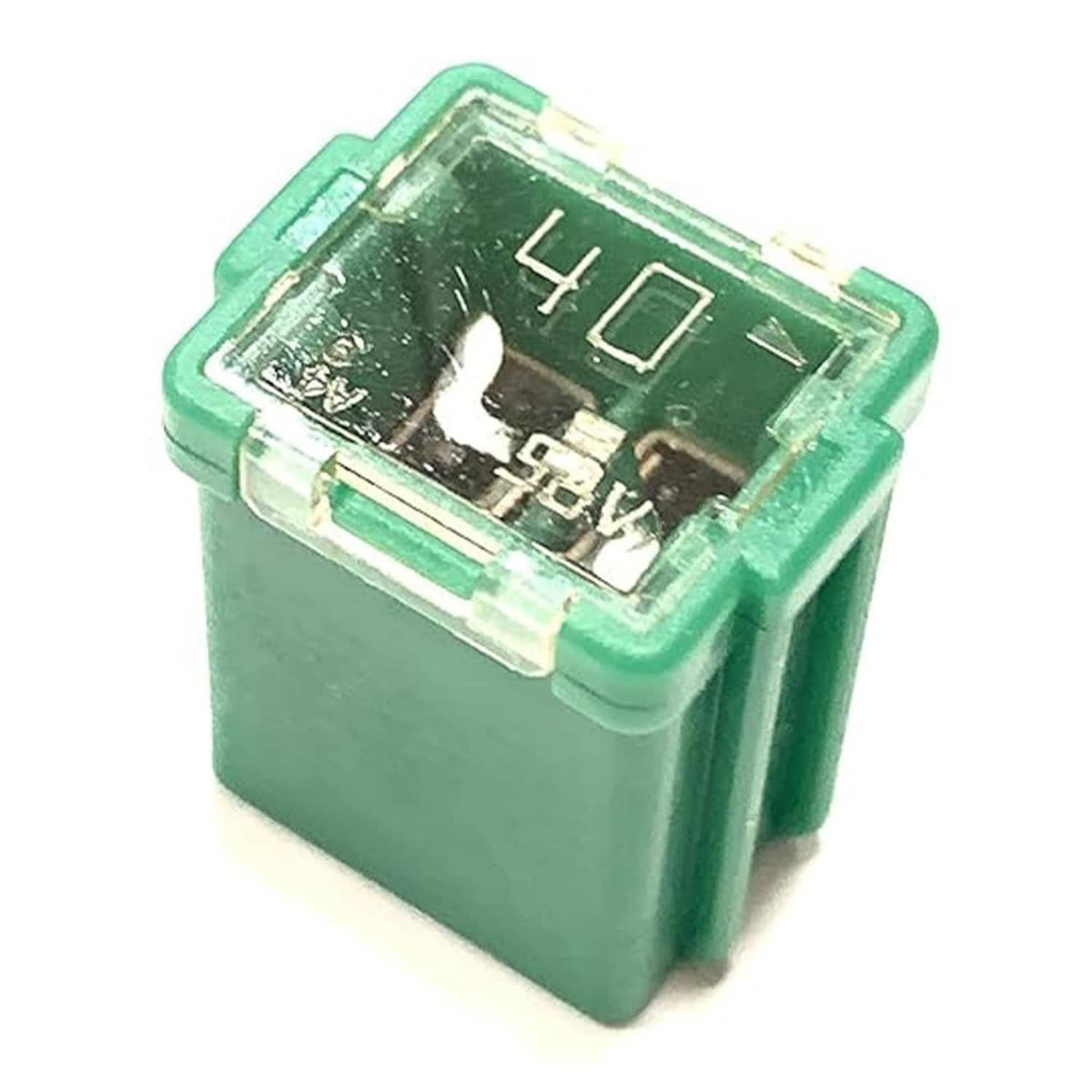 Green mini J-case fuse with transparent cover and metal terminals