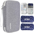 Grey insulin cooler travel case with two ice packs in front pouch, TSA-style zippers