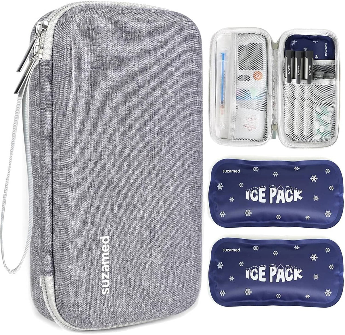 Grey insulin cooler travel case with two ice packs in front pouch, TSA-style zippers