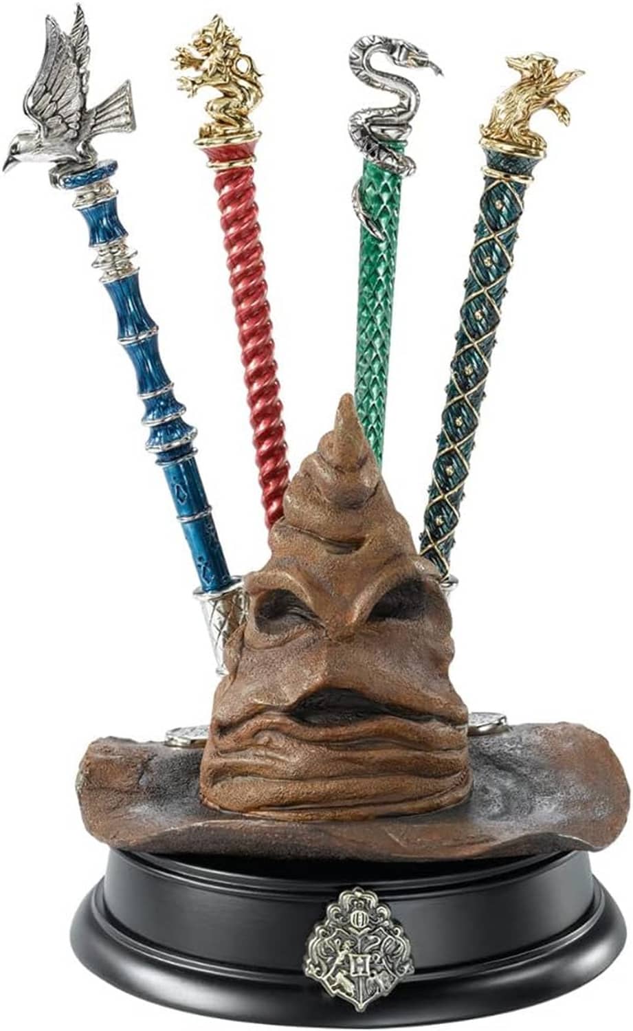 Sorting Hat pen holder with brown hat face, four colored quills, dark round base