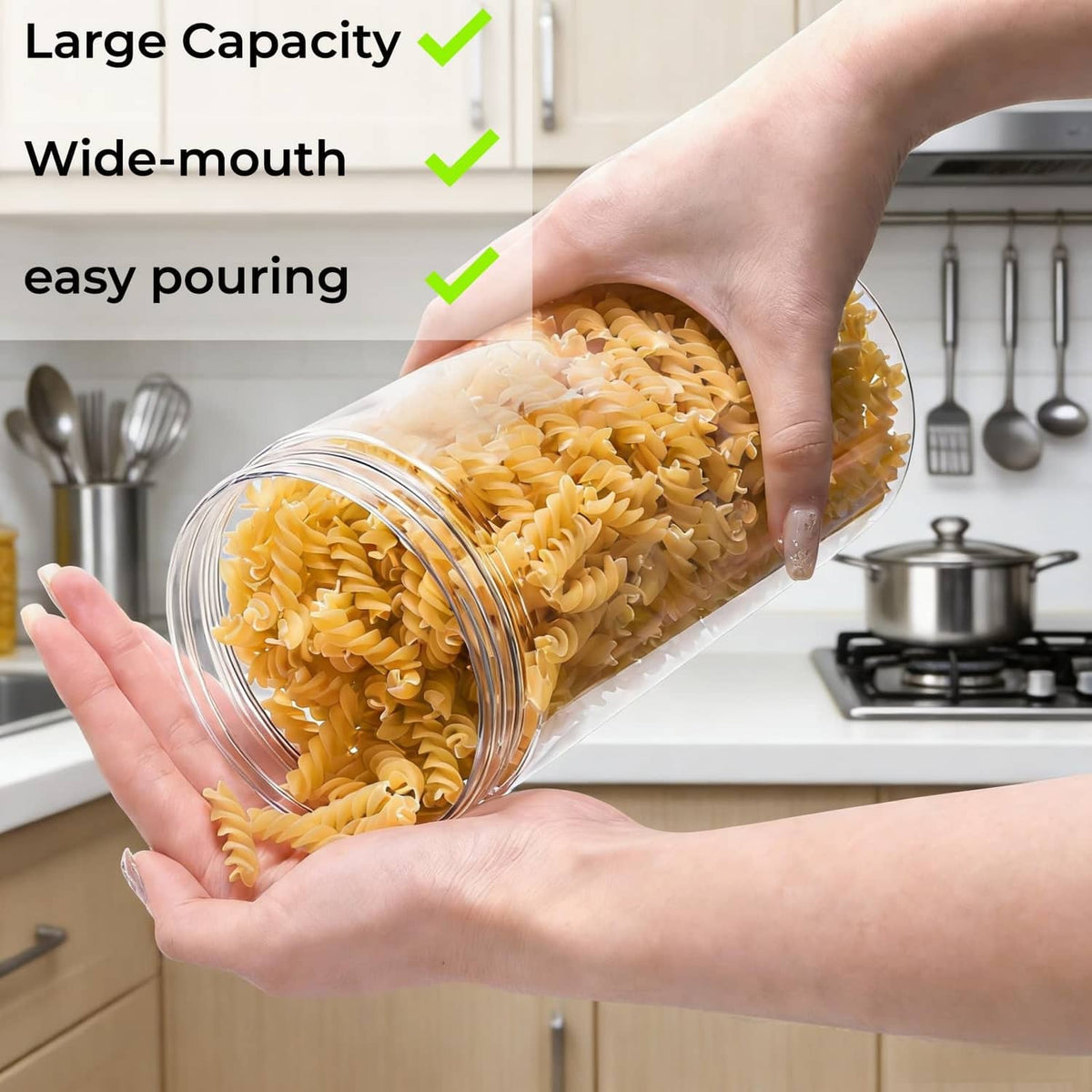 Clear plastic jar with lid and wide mouth, easy-pour for dry pasta