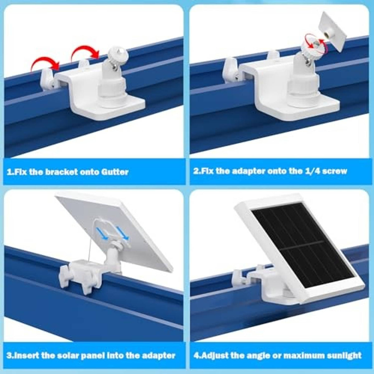 White gutter mount kit showing bracket attachment and solar panel angle adjustment