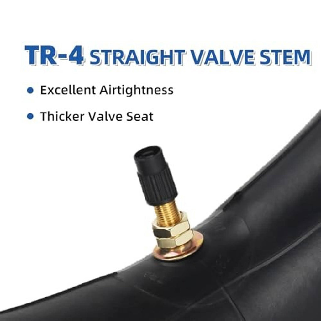 Close-up of TR4 straight valve stem on a black inner tube with brass valve base