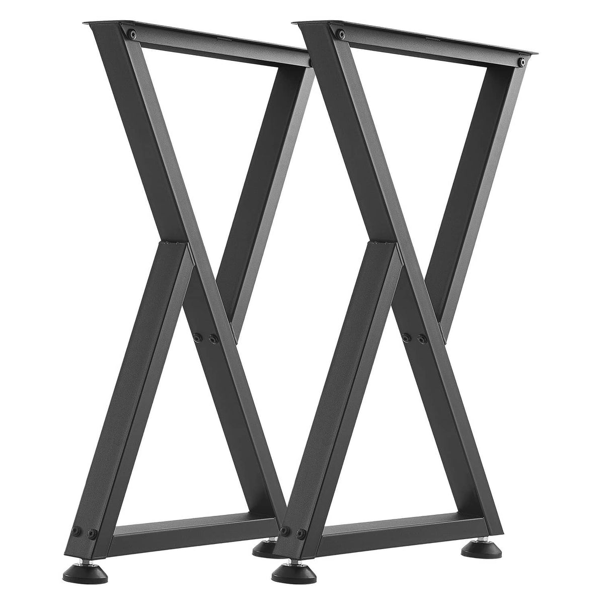 Black X-design steel table leg pair with wide frame and base leveling feet