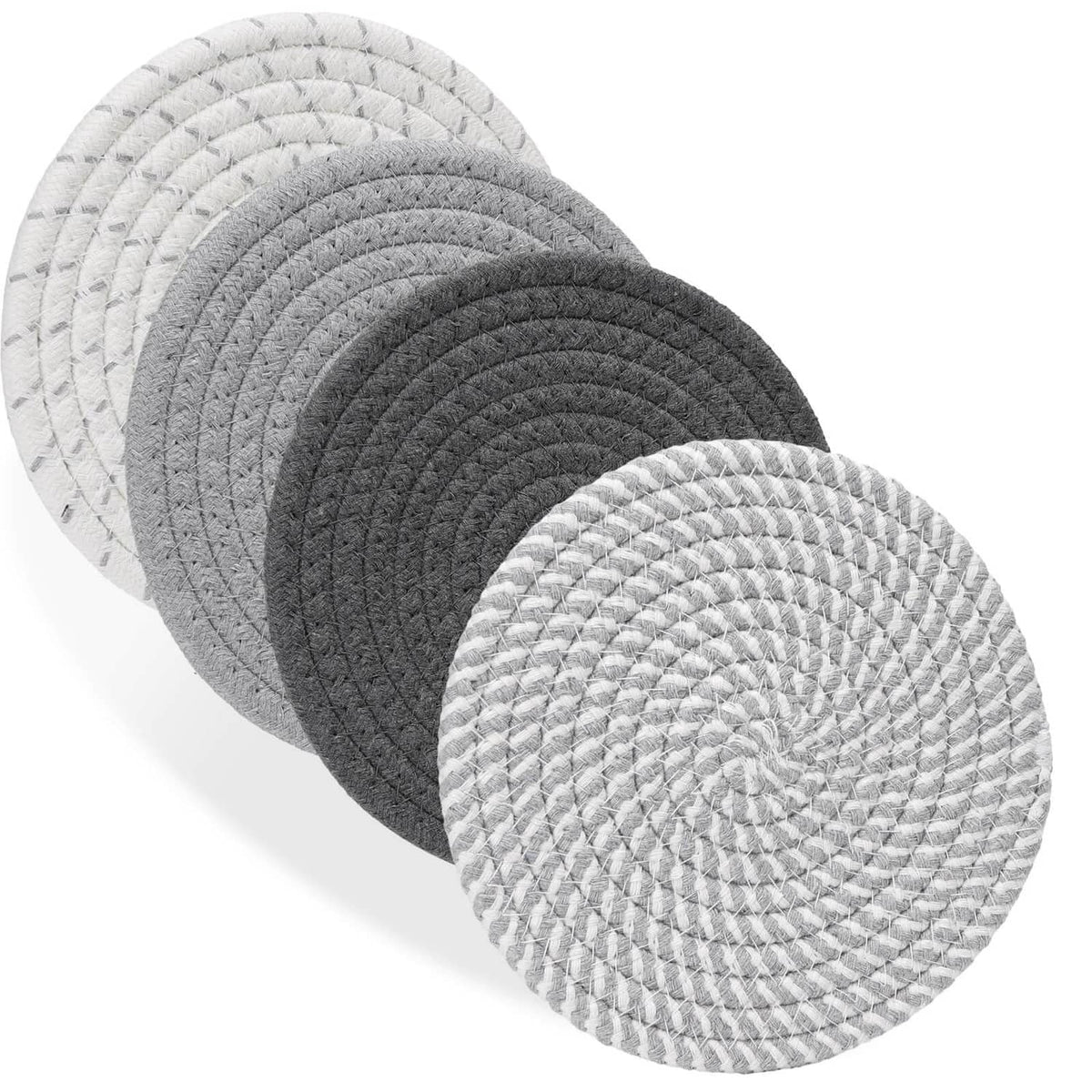 Round woven dish trivet pads, dark and light gray, stacked set of 4